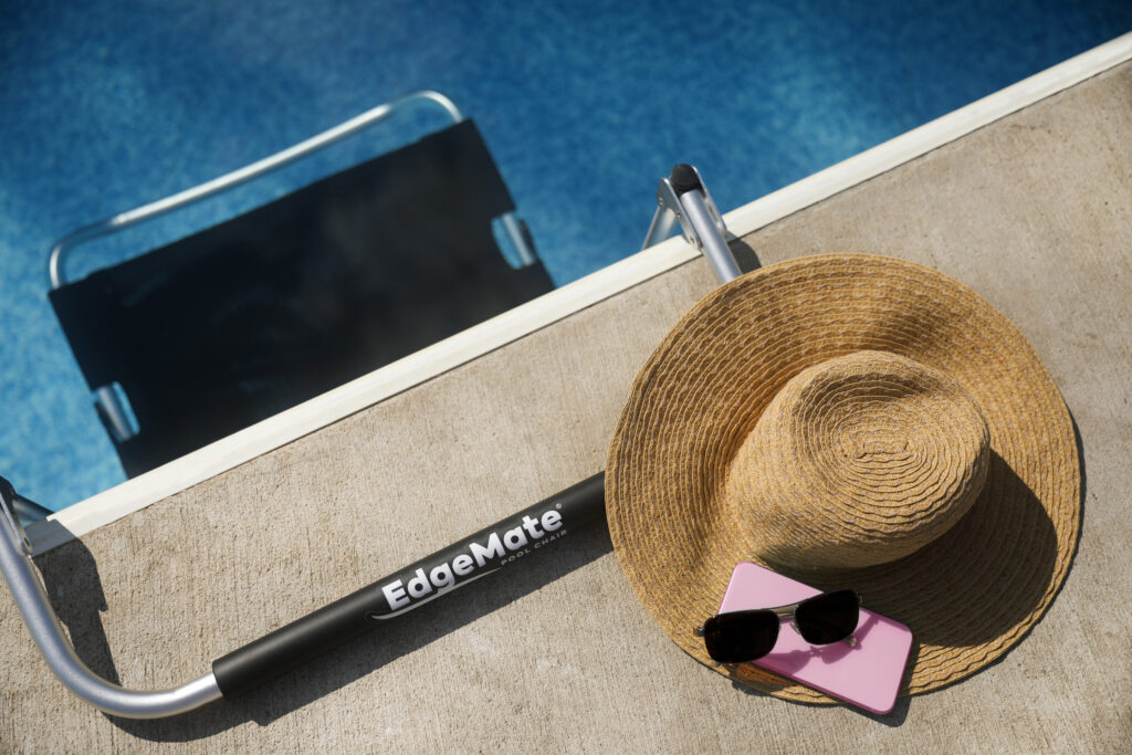 hat and sunglasses and pool chair for senior parents to use in the pool