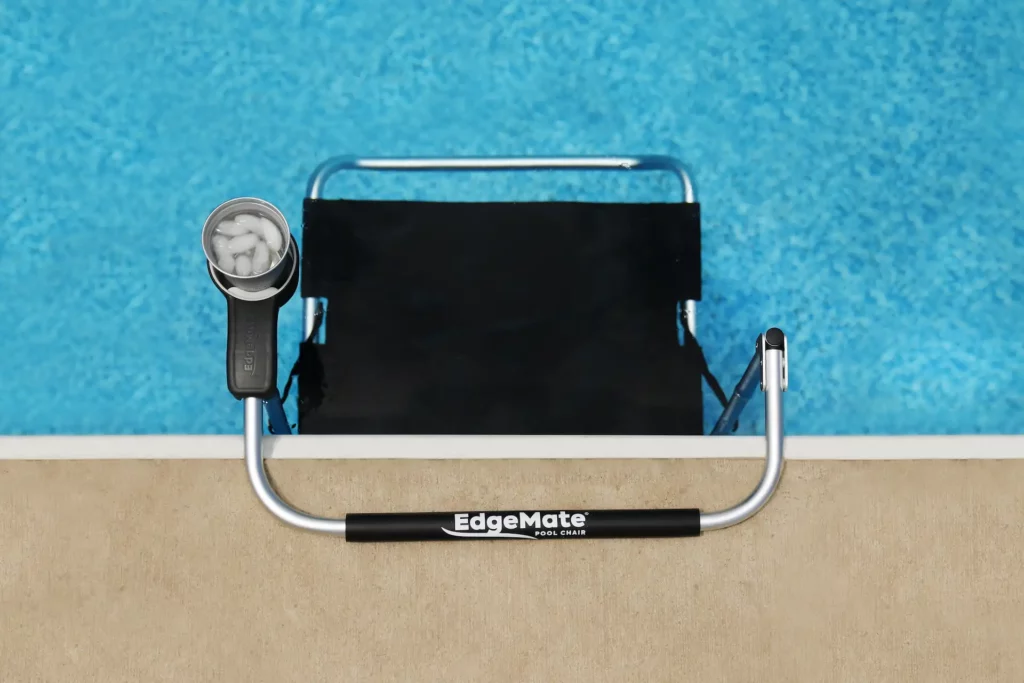 Overhead shot of an EdgeMate In-Pool Chair with an EdgeMate Cup Holder attached. Having a cup holder feature attached to an in-pool chair will help you avoid getting dehydrated in a pool.